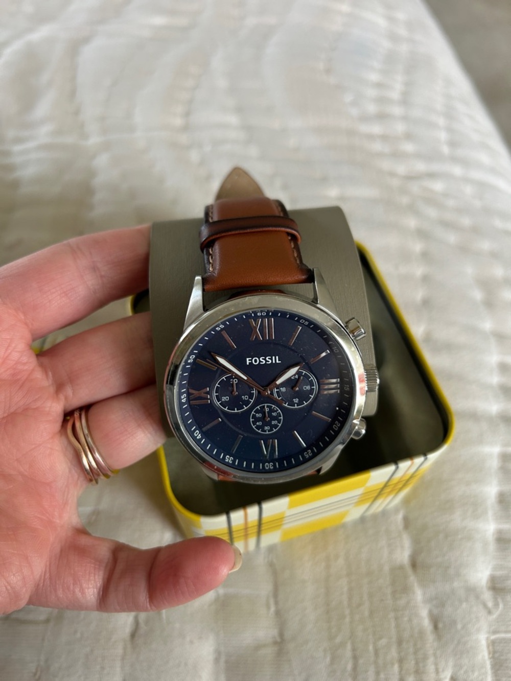 Fossil Brown Leather Strap Watch with Navy Dial and Silver Case